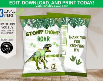 Bewerkbare zak dinosauruschiptas dinosaurus verjaardagsfeestje gunst chips tas T-Rex Dino Four Stomp Chomp Roar bewerkbare chip tas gunst sjabloon