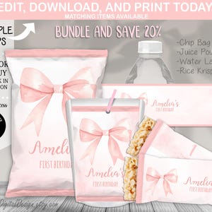 BUNDLE Rosa Schleife 1st Birthday Chip Tasche Reis Krispie Flasche Wasser Juice Beutel Rosa Kokette Bogen Mädchen 1st Birthday Gastgeschenke