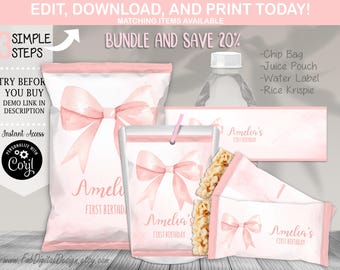 BUNDLE Pink Bow 1st Birthday Chip Bag Rice Krispie Water Bottle Juice Pouch Pink Coquette Bow Girl 1st Birthday Party Favors