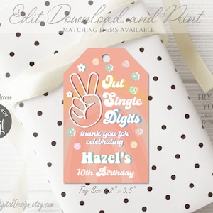 Editable Peace Out Single Digits Favor Tags Fall Groovy 10th Birthday Thank You Tags Daisy Hippie Rainbow Birthday Party Favors