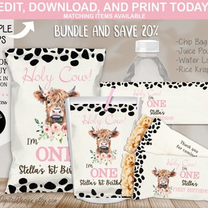 BUNDLE Holy Cow I&#39;m One Girl Chip Bag Rice Krispie Water Bottle Juice Pouch Highland Cow Farm 1st Birthday Party Favors Editable Template