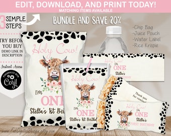 May include: A set of printable party favor labels featuring a cute cartoon cow with a pink floral headband. The labels are designed for a first birthday party and feature the text "Holy Cow! I'm One Stella's 1st Birthday".