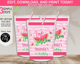 May include: Three pink and white striped juice pouches featuring a watermelon graphic and the text Our Sweet Girl is One in a Melon, Amanda's 1st Birthday. Each pouch includes a pink straw and displays a slice of watermelon with small pink hearts.