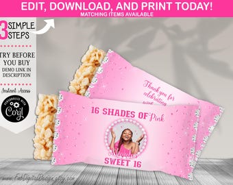 Bewerkbare 16 tinten roze Rice Krispie Wrapper Pink Sweet 16 verjaardag Rice Krispy Sweet Sixteen feestartikelen 16 tinten roze verjaardag