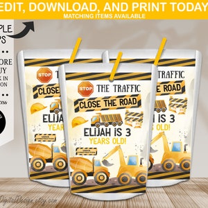 Editable Construction Juice Pouch Label Construction Dump Truck Birthday Party Favor Caprisun Bulldozer Stop Traffic Birthday Construction