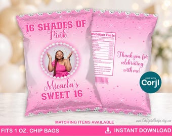 Editable 16 Shades of Pink Chip Bag Sweet 16 Chip Bag Label Pink Party Favors Shades of Pink Party Chips Favor Bag Instant Download