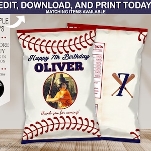 Bearbeitbare Baseball Geburtstag Chip Tasche Rookie Jahr Baseball Sport Ball Junge Geburtstag Chips Tasche Label Baseball Party Favors Sofortiger Download