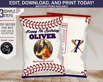 Bolsa de papas fritas editable para cumpleaños de béisbol, etiqueta para bolsa de papas fritas de cumpleaños de recogepelotas de béisbol, recuerdos de fiesta de béisbol, descarga instantánea