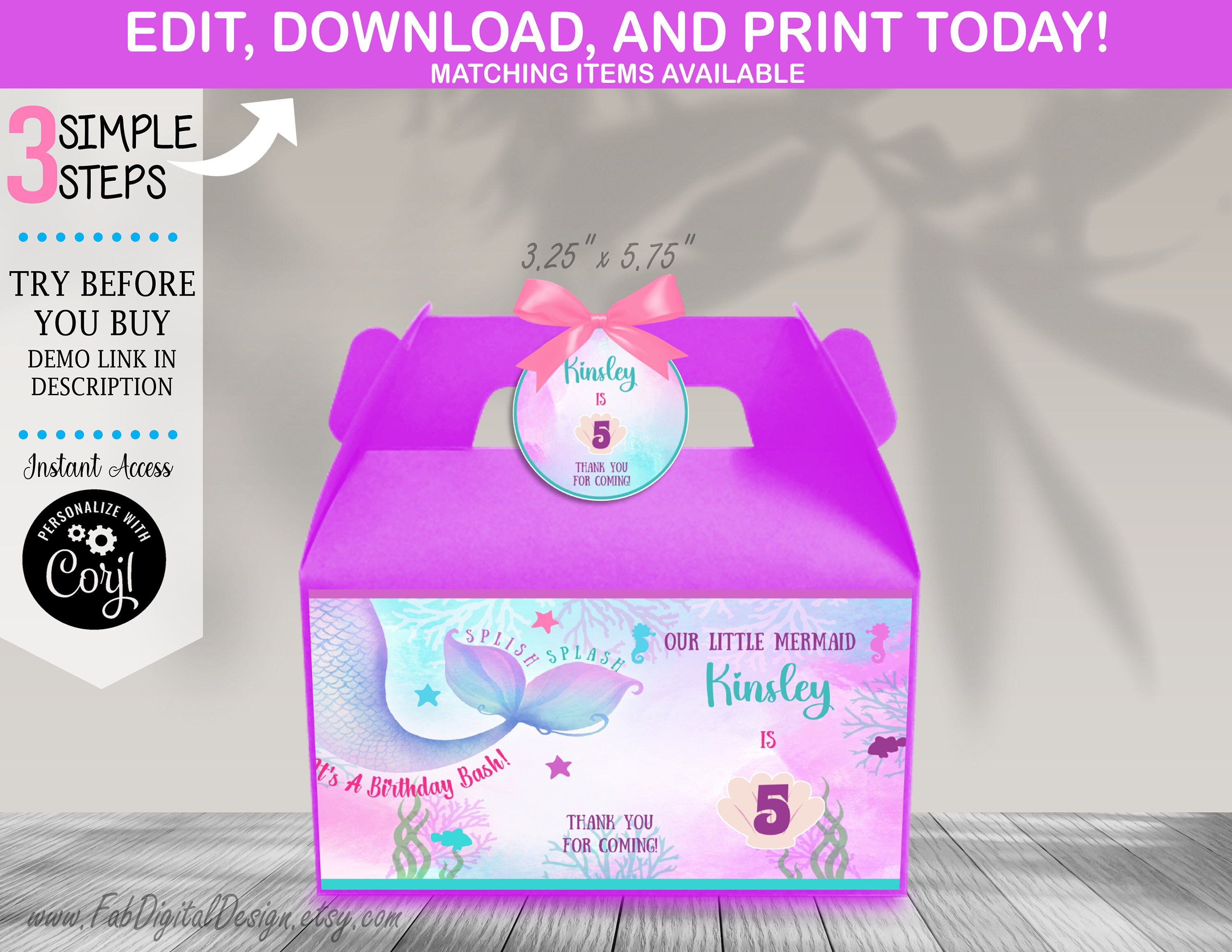 Editable Mermaid Gable Box Label Under the Sea Birthday Treat Box Label ...