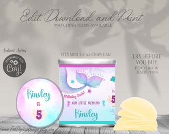 Editable Mermaid Mini Chip Can Labels Under The Sea Birthday Mermaid Pringles Can Labels Party Favors Snack Wrapper Instant Download