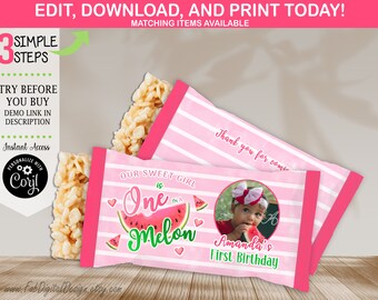 Editable One in a Melon Rice Krispie Watermelon 1st Birthday Rice Krispy Label One in a Melon Party Favors 1st Birthday Snack Wrapper 04CC