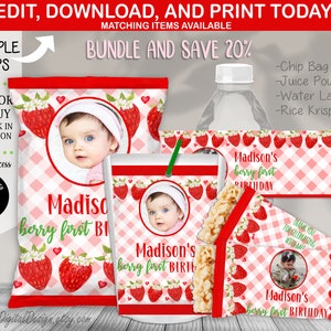 BUNDLE Berry First Birthday Chip Bag Rice Krispie Water Bottle Juice Pouch Strawberry 1st Birthday Party Favors Editable Template