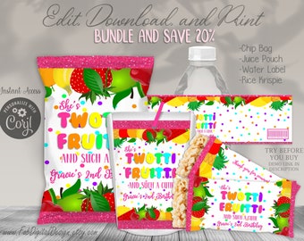 BUNDLE Twotti Fruitti Birthday Chip Bag Rice Krispie Water Bottle Juice Pouch Fruit 2nd Birthday Party Favors Editable Template