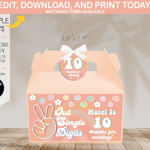 Edytowalny Peace Out Single Digits Gable Box Label Groovy 10th Birthday Treat Box Label Daisy Hippie Rainbow Birthday Favors Instant Download