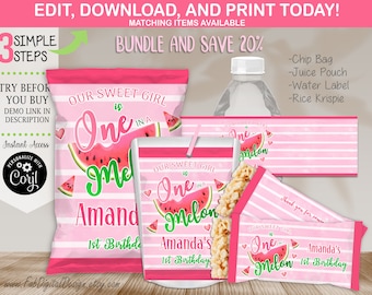 May include: Pink and white party supplies with a watermelon theme. Includes a chip bag, juice pouch, water label, and Rice Krispie treat wrapper. Text includes "Our Sweet Girl is One in a Melon" and "Amanda's 1st Birthday."