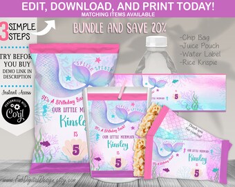 May include: A printable set of mermaid-themed party favor bags, a juice pouch, a water bottle label, and a rice krispie treat wrapper. The bags are pink and purple with a mermaid tail and the text "Splish Splash It's a Birthday Bash! Our Little Mermaid Kinsley is 5".