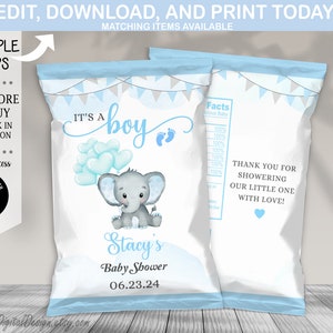 Bearbeitbare blauer Elefant-Babyparty-Chip-Tasche Es ist ein Junge-Baby-Dusche-Elefant-Chip-Tasche unsere kleine Erdnuss druckbare Vorlage Sofort-Download