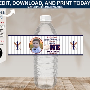 Editable Baseball First Birthday Water Bottle Label Rookie Year Baseball Sports Ball Birthday Water Bottle Label Add Photo Instant Download