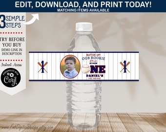 Editable Baseball First Birthday Water Bottle Label Rookie Year Baseball Sports Ball Birthday Water Bottle Label Add Photo Instant Download
