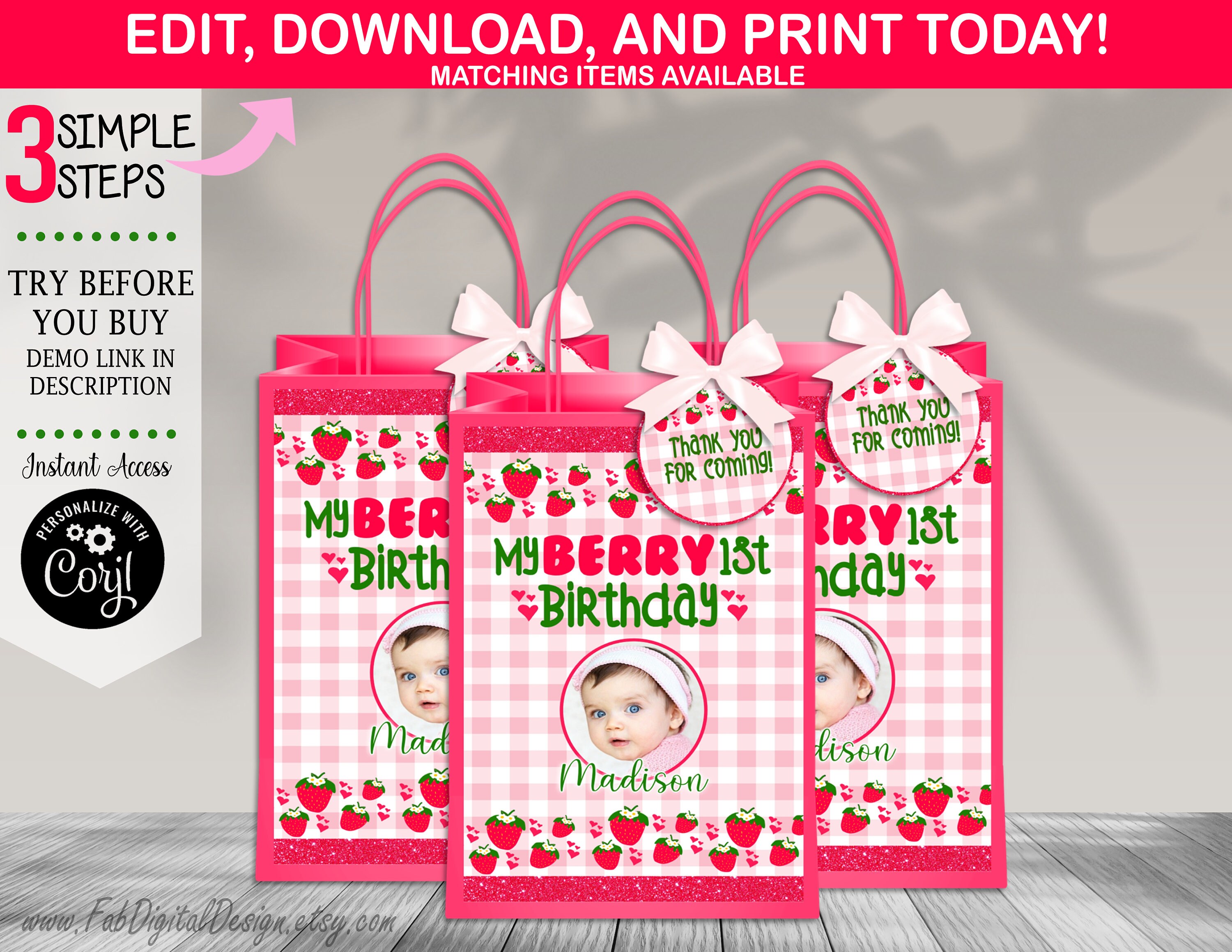 Reallnaive Sweet One Berry 1st Birthday Gift Bags - 16 Pcs Strawberry Themed Treat Favors With Handles - View #8