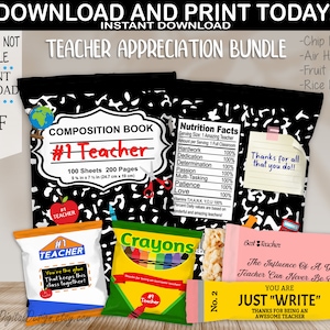 Lot d'emballages pour collation, cadeaux pour enseignants imprimables, sac de croustilles, collation aux fruits, Rice Krispie, emballage pour la tête aérien, téléchargement immédiat