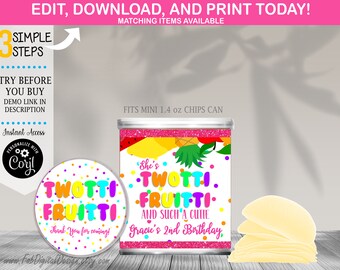 May include: A printable chip can label and circular lid sticker featuring a colorful fruit theme with the text Twotti Frutti and Such a Cutie Gracie's 2nd Birthday. The design includes bright polka dots, pineapple, and watermelon graphics.