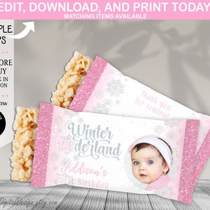 Editable Winter Onederland Rice Krispie Winter Wonderland First Birthday Personalized Rice Krispy Wrapper Snowflake Winter First Birthday