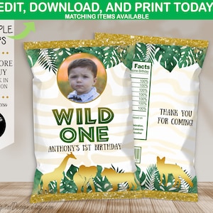 Editable Wild One Chip Bag Jungle Safari Boy 1st Birthday Party Favors Chips Wild One Photo Chip Bag Wrapper Instant Download