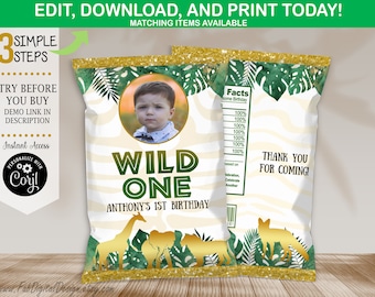 Edytowalny Wild One Chip Bag Jungle Safari Boy 1st Birthday Party Favors Chips Wild One Photo Chip Bag Wrapper Instant Download