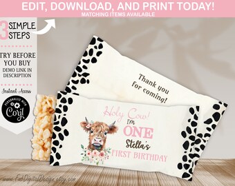 May include: A printable favor bag design featuring a cartoon Highland cow with pink flowers. The bag has a black and white cow print pattern and the text "Holy Cow! I'm One Stella's First Birthday".