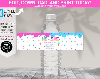 May include: Water bottle label with a pink and blue ice cream cone design. The label says "He or She? What's the scoop?" with a date and names.