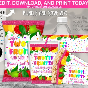 BUNDLE Twotti Fruitti Birthday Chip Bag Rice Krispie Water Bottle Juice Pouch Fruit 2nd Birthday Party Favors Editable Template