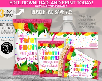 BUNDLE Twotti Fruitti Birthday Chip Bag Rice Krispie Water Bottle Juice Pouch Fruit 2nd Birthday Party Favors Editable Template