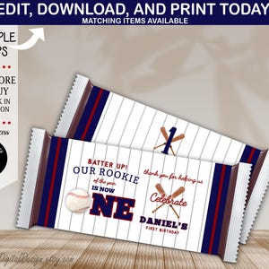 May include: Printable baseball-themed chocolate bar wrapper with a red, white and blue colour scheme. The wrapper features a baseball, bats, and the text "Batter Up! Our Rookie of the Year is Now One".