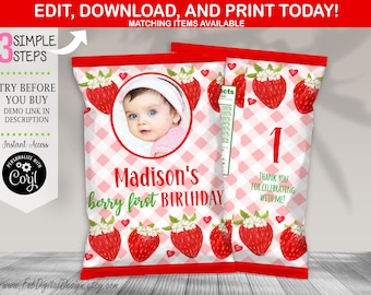 Editable Berry First Birthday Chip Bag Berry 1st Birthday Chip Bag Strawberry Party Favors Strawberry Party Add Photo Instant Download