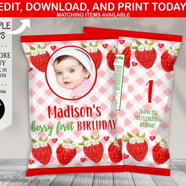 Editable Berry First Birthday Chip Bag Berry 1st Birthday Chip Bag Strawberry Party Favors Strawberry Party Add Photo Instant Download