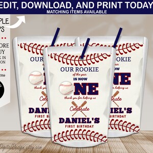 Editable Baseball First Birthday Juice Pouch Label Rookie Year Baseball Sports Ball Birthday Juice Caprisun Bag Label Template