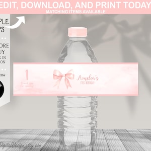 Editable Pink Bow 1st Birthday Water Bottle Labels Pink Coquette first birthday Party Water Bottle Label Favors Pink Bow Girl