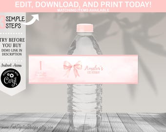 Bewerkbare roze strik waterflesetiketten 1e verjaardag Roze coquette eerste verjaardagsfeestje waterflesetiket Gunsten roze strik meisje