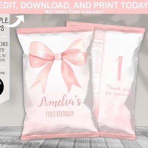 Editable Pink Bow Chip Bag Pink First Birthday Bow Chip Bag Favor Template Pink Coquette Bow Girl 1st Birthday Party Favors