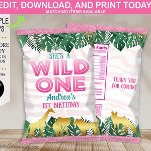 Editable Wild One Chip Bag Jungle Safari Girl 1st Birthday Party Favors Shes A Wild One Jungle Chips Bag Wrapper Instant Download