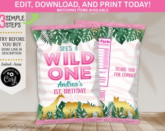 Edytowalna torba Wild One Chip z dżungli Safari Girl na pierwsze urodziny, upominki. Ona jest dziką dziewczyną, opakowanie na torbę Jungle Chips do natychmiastowego pobrania.