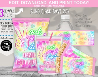 BUNDEL Peace Out Single Digits Chip Bag Rice Krispie Water Bottle Juice Pouch Groovy Tie Dye Hippie 10e verjaardag partij gunsten sjabloon