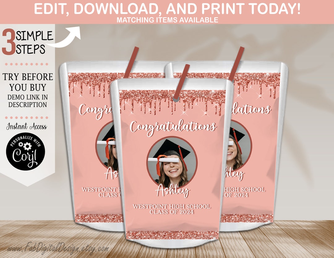 Editable Rose Gold Graduation Juice Pouch Label Class of 2024 ...