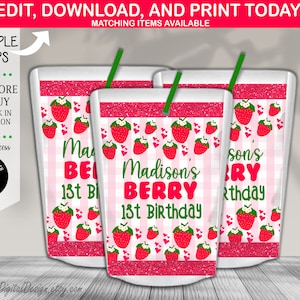 editable berry first birthday caprisun label template instant download strawberry party juice label template sweet one first birthday FD01