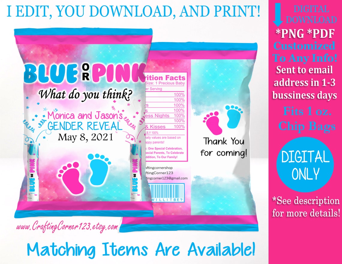Gender Reveal Chip Bag Boy or Girl Digital Chips Bag Wrapper Etsy