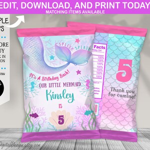 Editable Mermaid Chip Bag Under The Sea Birthday Snack Wrapper Mermaid Chips Wrapper Purple Aqua Pink Mermaid Party Favors Instant Download