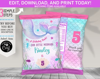 Editable Mermaid Chip Bag Under The Sea Birthday Snack Wrapper Mermaid Chips Wrapper Purple Aqua Pink Mermaid Party Favors Instant Download