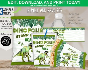 BUNDEL Dino Four Birthday Chip Bag Rice Krispie Waterfles Sapzakje T-Rex Dino Stomp Chomp Roar Verjaardagsfeestje Gunsten Bewerkbare Sjabloon