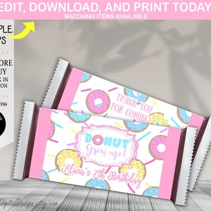 May include: Pink and white donut-themed favor bags with the text "Donut grow up!" and "Alicia's 7th Birthday".